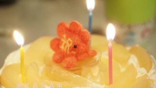 カエルアンコウ　羊毛フェルト　ケーキお祝い